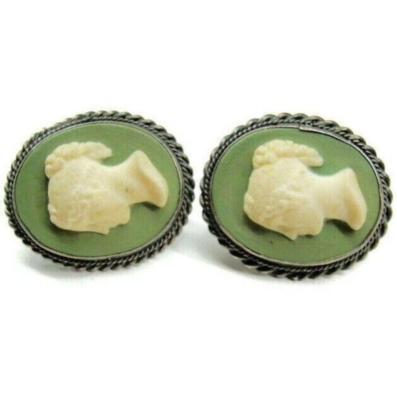 Green & White Cameo Vintage Sterling Silver Screw Back Earrings Patina - Picture 7 of 9
